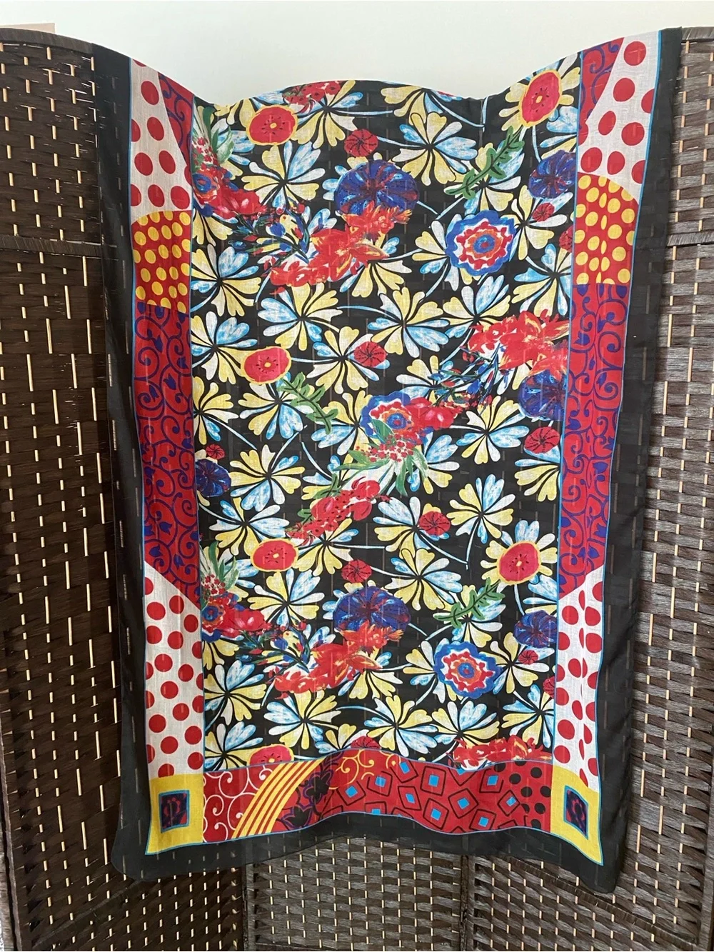 Antica Sartoria Floral Multicolor 100% Cotton Scarf - Black, Red & Yellow